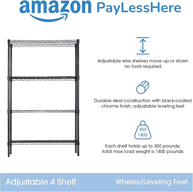 PayLessHere | 4-Tier Wire Shelf | 36"x14"x62" | Black | Adjustable Racks | Heavy-Duty Storage Shelves, Holds Upto 1400 lbs | Rust-Resistant, No-Tool Assembly | for Home, Garage Shelving