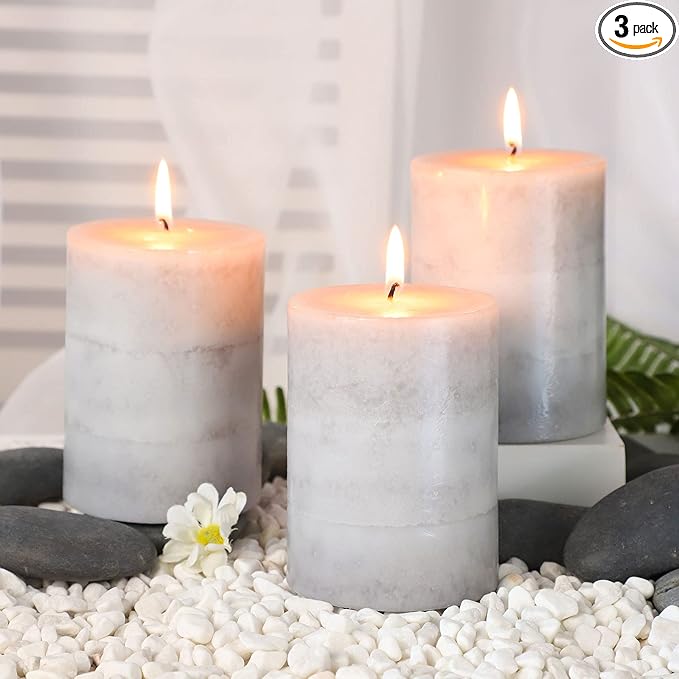 Gray Pillar Candles Cozy Cotton Scented Set of 3 Mottled 3 Layers Hand-Poured Classic Emergency Candle Aromatherapy Candles for Weddings, Home Decorations, Spa, Restaurant 3"X4"