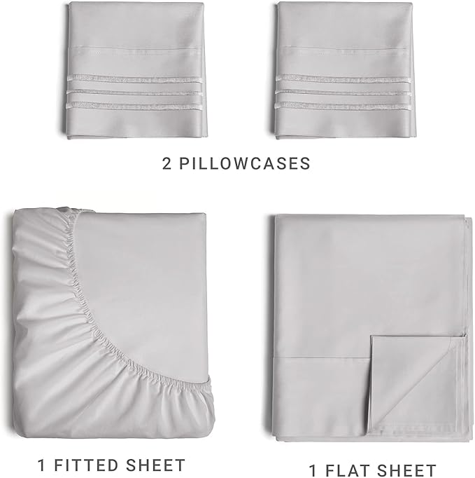 Full Size 4 Piece Sheet Set - Comfy Breathable & Cooling Bed Sheets Set - Hotel Luxury Bedding for Women, Men, Kids, Teens, Boys & Girls - Deep Pockets, Soft and Wrinkle Free - Oeko-Tex - Light Grey