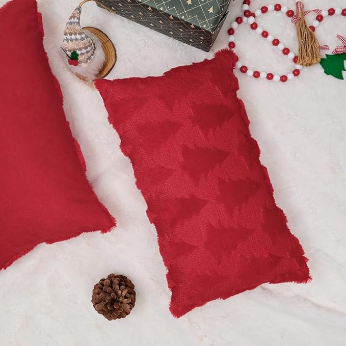 GEEORY Christmas Tree Throw Pillow Covers 12x20 Inch Set of 2, Xmas Winter Soft Plush Faux Fur Wool Decorative Farmhouse Holiday Cushion Case for Home Decoration (Red) GC005-12