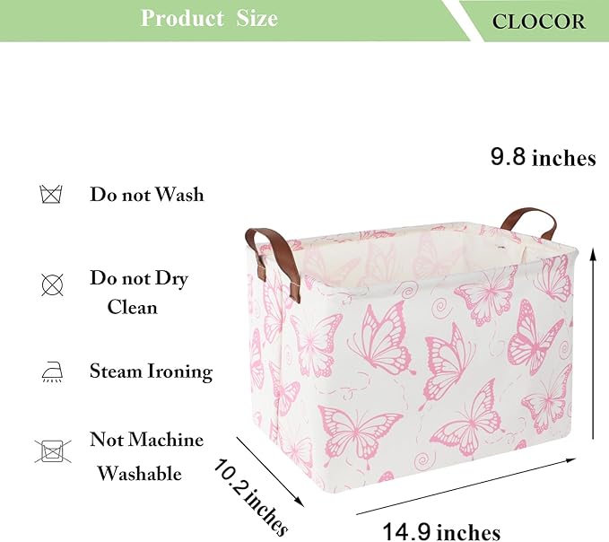 CLOCOR Rectangular Pink Basket, Collapsible Storage Bin, Waterproof Storage Box with Handles, Gift Organizer, Shelf Basket(Pink Butterfly)