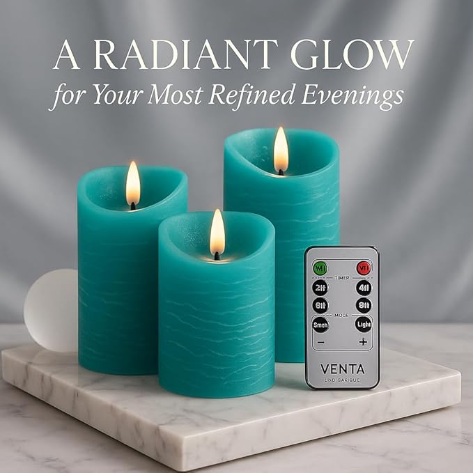 VENTA Turquoise Real Wax Flameless Candles, Set of 3 | Realistic Teal LED Pillar Candles with Remote & Timer | Perfect for Coastal, Beach House & Nautical Decor