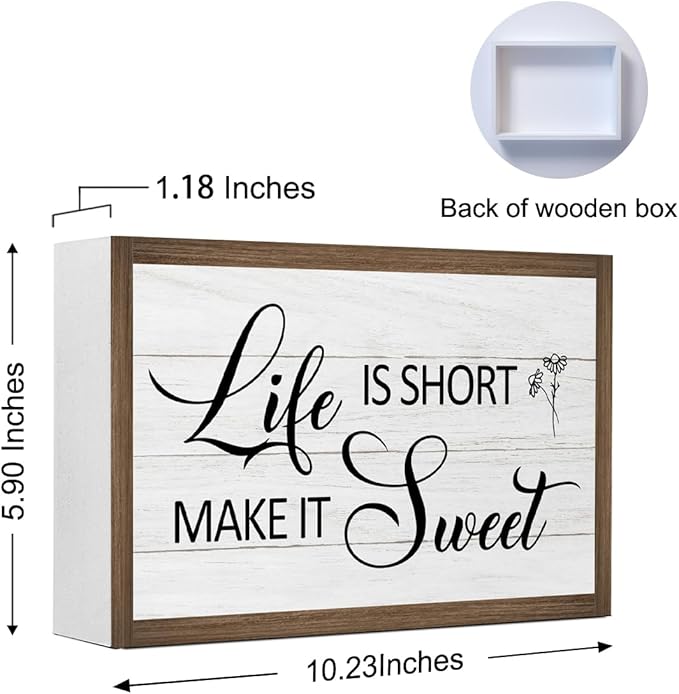 Life is Short Make It Sweet Inspirational Wooden Box Sign Decor,Rustic Motivational Saying Wooden Block Plaque Sign for Home Farmhouse Living Room Bedroom Shelf Desk Table Wall Decor
