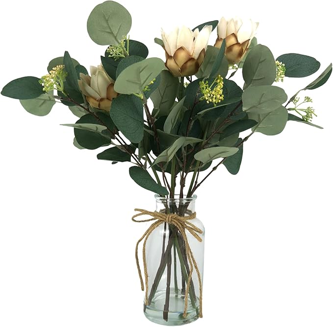 Artificial Eucalyptus Leaves in Glass Vase, 16.1" Eucalyptus Leaves Green Branches 7 Branches Faux Greenery Stems for Home Office Farmhouse Wedding Centerpiece Décor (White)