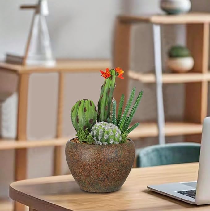 Assorted Artificial Cactus Plants Indoor - 5.9" Small Faux Succulent Cacti Plants in Pots Mini Fake Flowering Cactus Potted with Bowl for Home Office Living Room Bathroom Shelf Table Indoor Decor