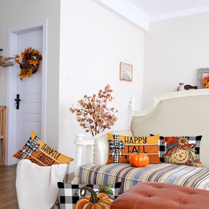 GEEORY Fall Throw Pillow Covers 12x20 Inch Set of 4, Pumpkin Scarecrow Buffalo Plaid Orange Autumn Seasonal Decorative Farmhouse Decoration for Home G563-12