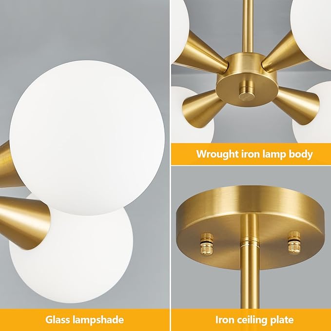 Mid Century Modern Ceiling Light with Milk White Glass lampshade Gold Semi Flush Mount Ceiling Light Fixture Sputnik Chandelier for Bedroom Living Room Dining Room Foyer Hallway(4-Lights)