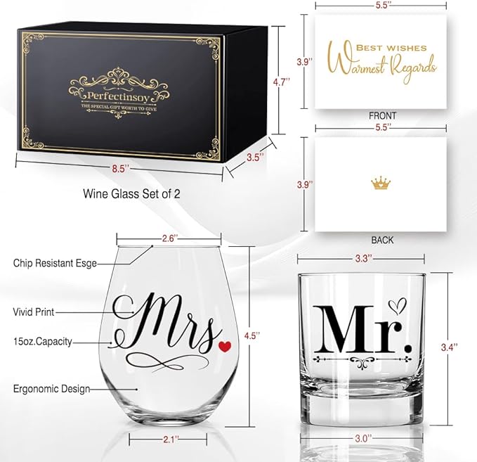 Perfectinsoy Mr Whiskey Glasses and Mrs Wine Glasses Gift Set, Funny Anniversary Wine Glass Gifts for Couples, Wedding Anniversary Birthday Gifts for Wife Husband Dad Mom Couple SoulMate