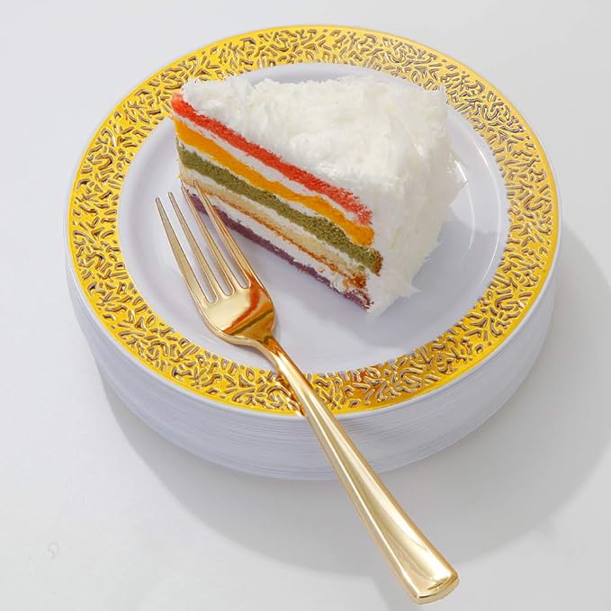 WDF 100pcs Gold Dessert Plates 7.5" with 100 Pieces Disposable Forks 7.4", Lace Design Fancy Appetizer Small Salad and Cake Plates for Thanksgiving Party/Weeding