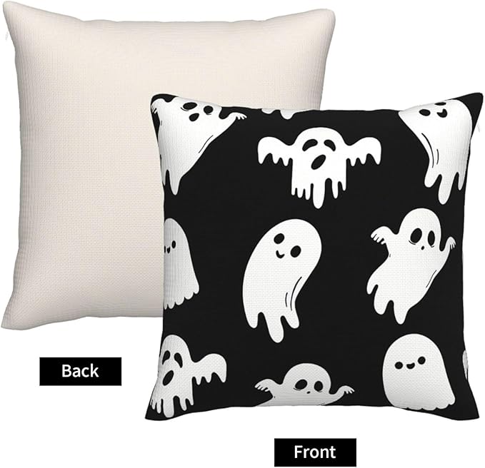 Halloween Pillow Covers 16x16 inch Set of 4, Linen Outdoor Farmhouse Cute Ghost Vintage Skull Spooky Party Supplies Black and White Decorations for Sofa Couch