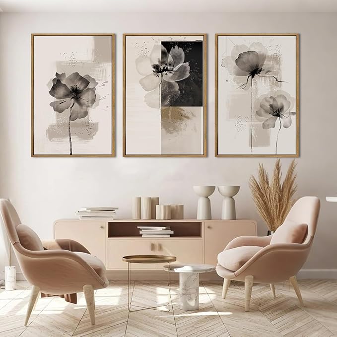 IARTTOP Extra Large Black Neutral Framed Wall Art 24x36 Inch Beige Tan Abstract Floral Canvas Wall Decor Set of 3 Minimalist Modern White Flower Art Prints for Living room Bedroom