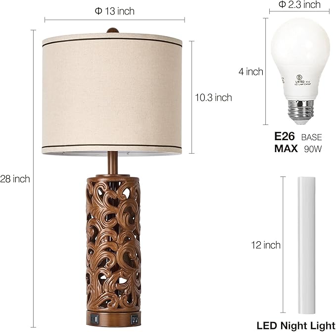 AIDENOEY 27.5" H 3-Way Dimmable Touch Control Table Lamp with USB A+C Ports, Vintage Walnut Finish Resin Bedside Farmhouse Table Lamp Set of 2，for Living Room，Bedroom，Office