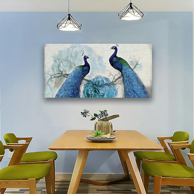 Peacock Canvas Wall Art for Living room Office Bedroom Animal Wall Art Print Oil Paintings Modern Beautiful Flowers Pictures Blue Wall Decor Artwork Waterproof Ready to Hang - 20in * 40inch