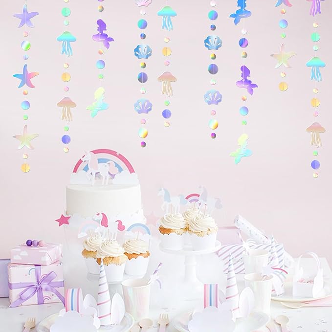 Iridescent Mermaid Birthday Party-Decorations Garland - 40FT Euphoria Under The Sea Jelly Fish Favors,Seashell Starfish Hanging Streamers Swirl,Little Mermaid Baby Shower Banner Decor Panduola