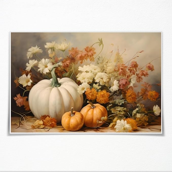 Fall Canvas Wall Art Rustic Pumpkin Posters Fall Pictures Print Dark Cottagecore Thanksgiving Wall Decor for Home Living Room 16x24inch Unframed