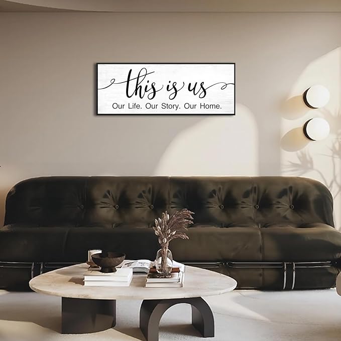 This is Us Wall Decor: 32x12 Inch Framed Canvas Print Family Sign for Bedroom Living Room,Minimalist Art with Quote Our Life Our Story Our Home Signs Modern Farmhouse Wall Art