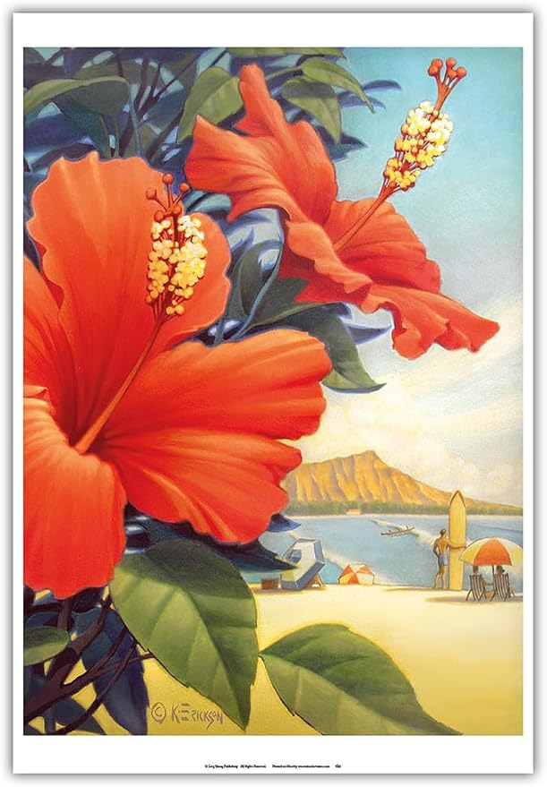 Hibiscus Beach Day - Waikiki Beach - Red Hibiscus - Vintage Hawaiian Travel Poster by Kerne Erickson - Master Art Print (Unframed) 13in x 19in