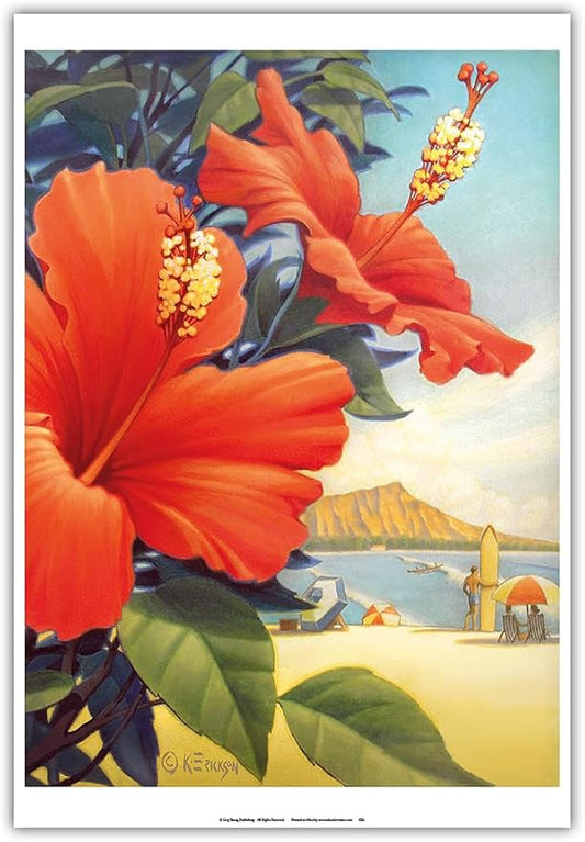 Hibiscus Beach Day - Waikiki Beach - Red Hibiscus - Vintage Hawaiian Travel Poster by Kerne Erickson - Master Art Print (Unframed) 13in x 19in