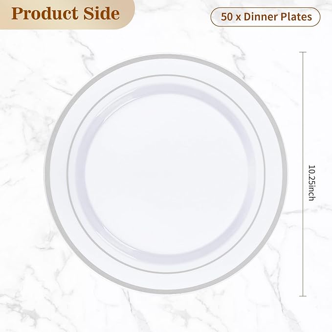 50PCS Silver Plastic Plates, 10.25 Inch Disposable Dinner Plate Party with Silver Rim, Heavy Duty Disposable Plastic Plates for Christmas, Thanksgiving, Party, Wedding and Birthday