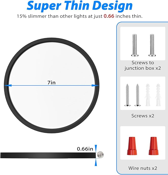 Peasur 7 inch LED Ceiling Light, 3000K/3500K/4000K/5000K/6500K Adjustable Flush Mount Light Fixture,1500LM 15W Thin Black Round Lamp for Hallway Kitchen Bathroom Bedroom