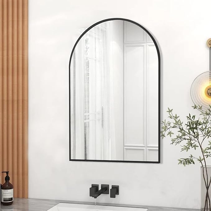 Wall Mounted Mirror, 24"x36" Arched Wall Bathroom Mirror, Black Vanity Wall Mirror with Metal Frame, Modern & Contemporary Arch Top Wall Mirror for Bedroom, Entryway, Living Room, Black