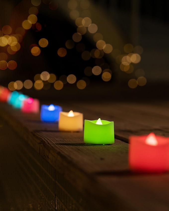 Homemory Multi Color Changing Tea Lights Battery Operated, 7-Color Changing LED Plastic Holiday Candles for Halloween, Pumpkin, Ofrenda, Christmas, Party, Dia1.5'' x H1.3'', 24-Pack [White Base]