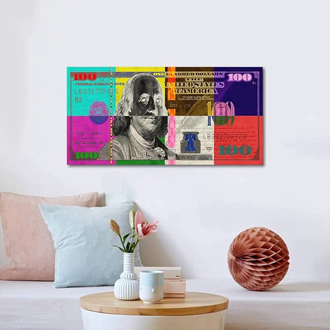 Yatsen Bridge Vivid Colorful 100 USD Artwork Abstract Creative Benjamin Franklin 100 Dollar Bill Color Blocks Canvas Paintings Wall Art HD Print Modern Home Office Decor Gallery Wrapped Easy to Hang