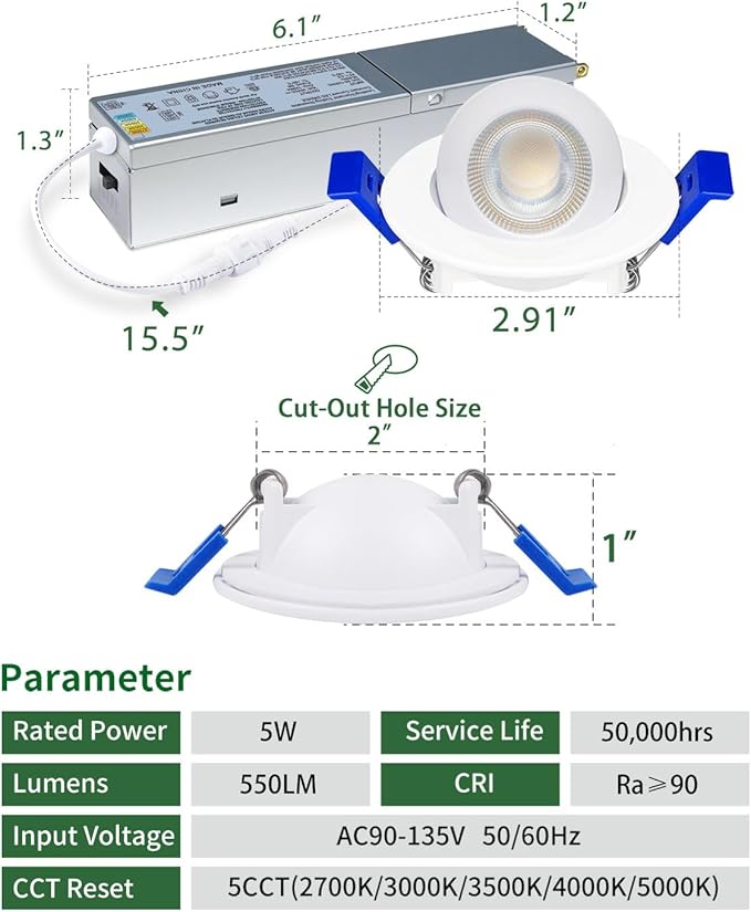zouzai 5CCT LED Gimbal Led Recessed Light with Junction Box, 360°+90° Adjustable Directional Eyeball Lighting, Dimmable, 2700K/3000K/3500K/4000K/5000K,ETL&Energy Star (White 12 Pack, 2 inch)