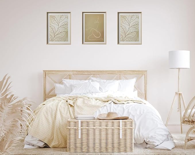 UPWOIGH Boho Canvas Wall Art(No Plexiglass), Framed High Side Wall Art, 16x12in Yellow-Brown Abstract Woman and Leaf Lines Minimalist Wall Decor for Living Room Bedroom Set of 3