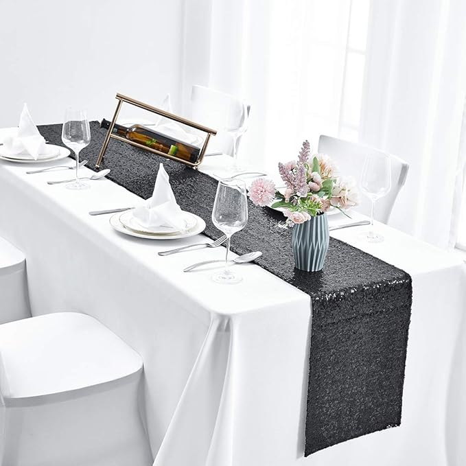 2 Packs 12 x 108 inches Black Sequin Table Runner, Glitter Black Table Runner for Wedding Birthday Bachelorette Holiday Party Supplies Decorations Bridal Shower Baby Shower