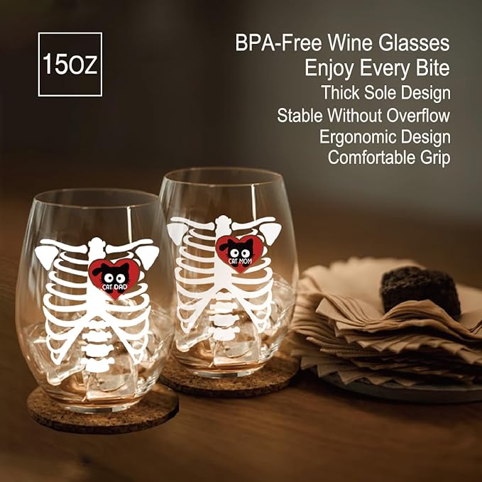 Perfectinsoy Cat Parents Funny Wine Glasses Set of 2, Romantic Gifts for Cat Lovers, Anniversary Birthday Remembrance Graduation Gifts for Lovers Wife Husband Dad Mom Radiology Tech Graduate