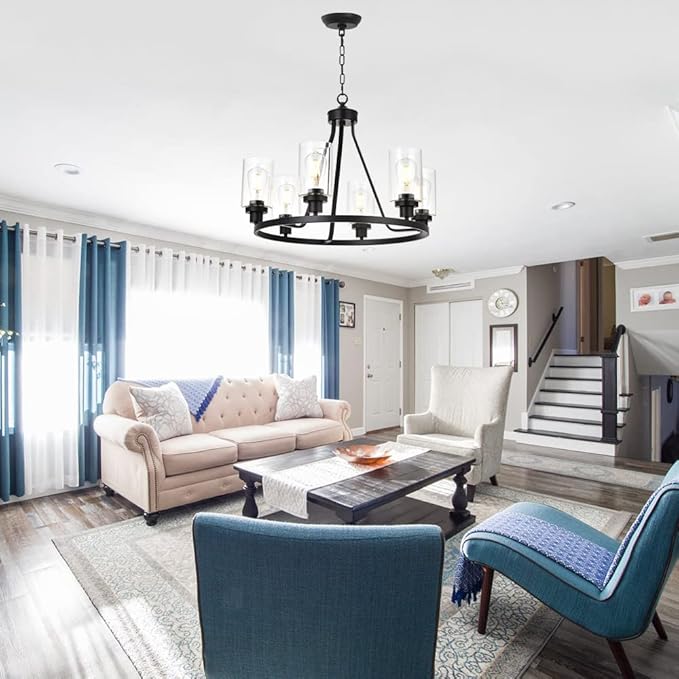 MELUCEE 6-Light Chandeliers for Dining Room, Farmhouse Lighting Black Light Fixtures Ceiling Hanging Industrial Pendant Light for Kitchen Island Bedroom Living Room