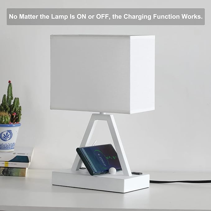 Briever Touch Control Table Lamp, 3-Way Dimmable Desk Lamp with USB C & USB A and AC Outlet, Bedside Lamp with Phone Stands for Bedroom, Living Room, Office, LED Bulb Included, White