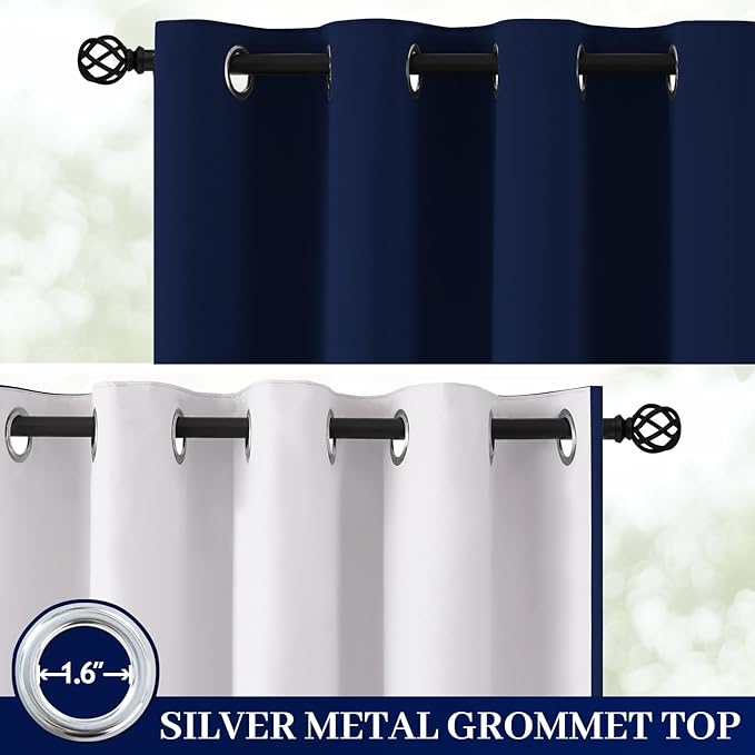 Yakamok 100% Blackout Curtain Panels 84 inches Cold and Light Blocking Drapes for Nursery, 2 Thick Layers Thermal Insulated Draperies (2 Pieces, 50 Wide Each Panel, Navy Blue Front with White Backing)