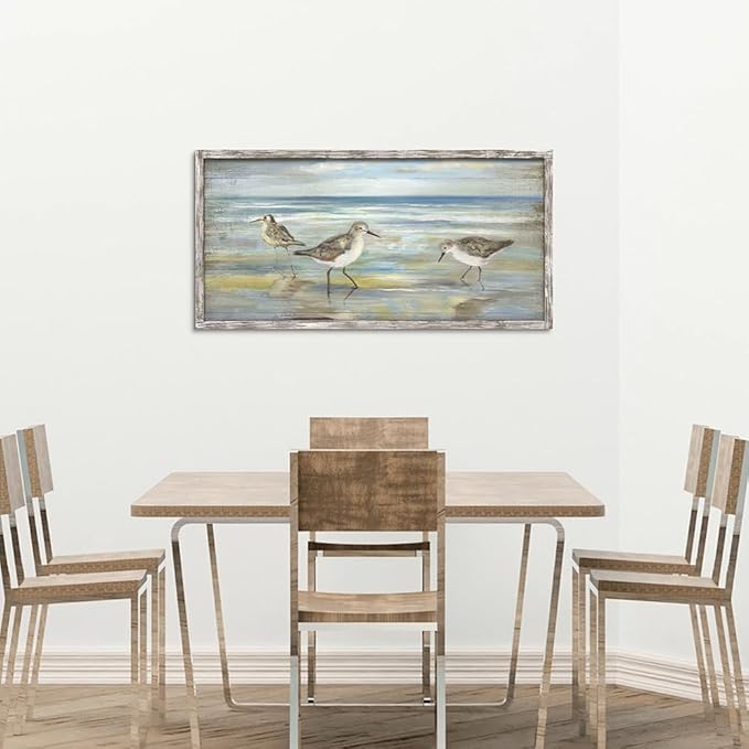 Coastal Beach Framed Birds Abstract Paintings Wooden Prints Wall Art for Bedroom Wall Decor Artworks Pictures Wall Decorations for Living Room Office(48"*24")