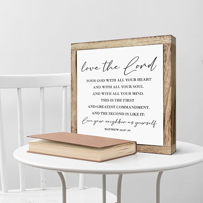 Scripture Sign - Matthew 22:37-39, Love Your Lord - Wooden Plaque, Farmhouse Table Decor, Christian Gift