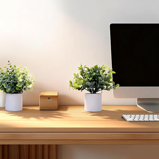 FGSAEOR Mini Potted Fake Plants, Small Artificial Greenery Realistic Plants Topiaries, Low Maintenance, for Home Office Shelf Desk Farmhouse Room Coffee Table Decor (3-Pack) (Grey)