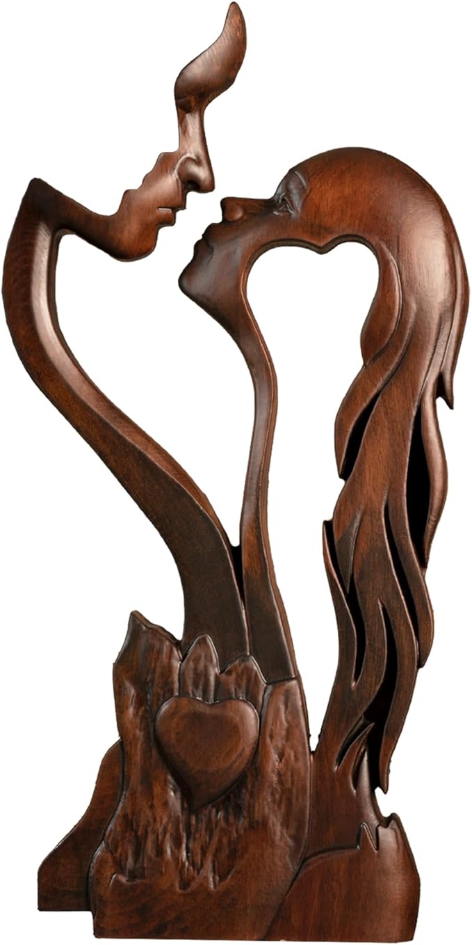 Wooden Kissing Couple Ornament, Abstract Couple Portrait Sculpture Romantic Love Statue Decor Gift for Women Anniversary Valentine Wedding - 14 Inch