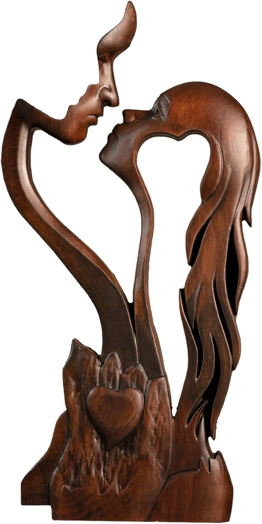 Wooden Kissing Couple Ornament, Abstract Couple Portrait Sculpture Romantic Love Statue Decor Gift for Women Anniversary Valentine Wedding - 14 Inch