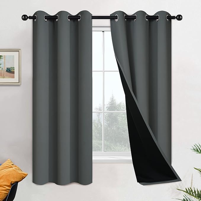 Yakamok 63 Inch Length 100% Blackout Curtains for Bedroom, 2 Thick Layers Thermal Insulated Grommet Total Blackout Drapes with Black Liner for Living Room (42Wx63L,Dark Grey, 2 Panels)