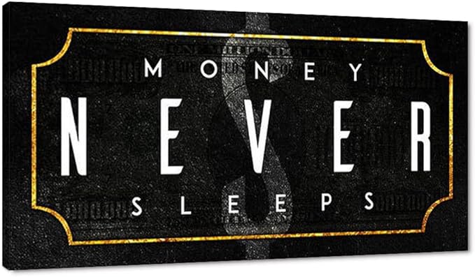 Inspirational Office Canvas Wall Art with Positive Quotes Money Never Sleeps Artwork Black Background Nordic Western Paintings HD Print for Study Room Gym Wall Decor Framed Ready to Hang-40 Wx20 H