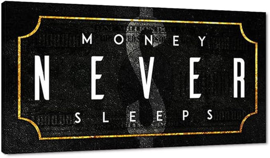 Inspirational Office Canvas Wall Art with Positive Quotes Money Never Sleeps Artwork Black Background Nordic Western Paintings HD Print for Study Room Gym Wall Decor Framed Ready to Hang-40 Wx20 H