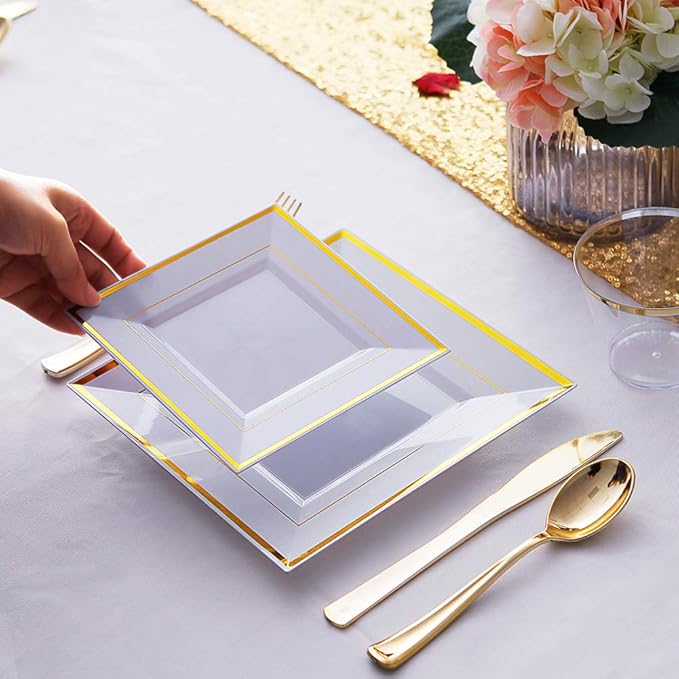 WDF 200PCS Gold Plastic Dessert Plates with Plastic Forks -6” 100 Square Disposable Appetizer Plates Small Plate Cake Plate &100 Gold Small Appetizer Forks for Daily Using Thanksgiving
