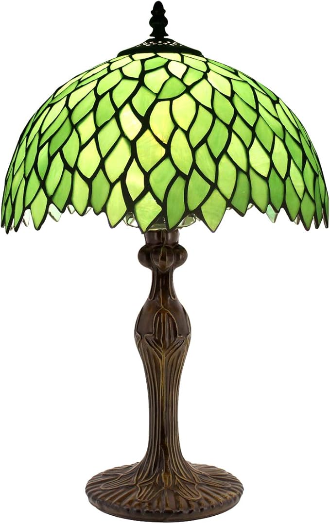 WERFACTORY Tiffany Table Lamp Green Wisteria Style Stained Glass Desk Bedside Reading Light 12X12X18 Inches Decor Bedroom Living Room Home Office S523 Series