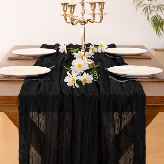 Socomi 3pcs Black Halloween Cheesecloth Table Runner Boho Rustic Gauze 120 inch 10FT Cheese Cloth Runner for Wedding Party Baby Shower Birthday Home Decor Holiday Decorations