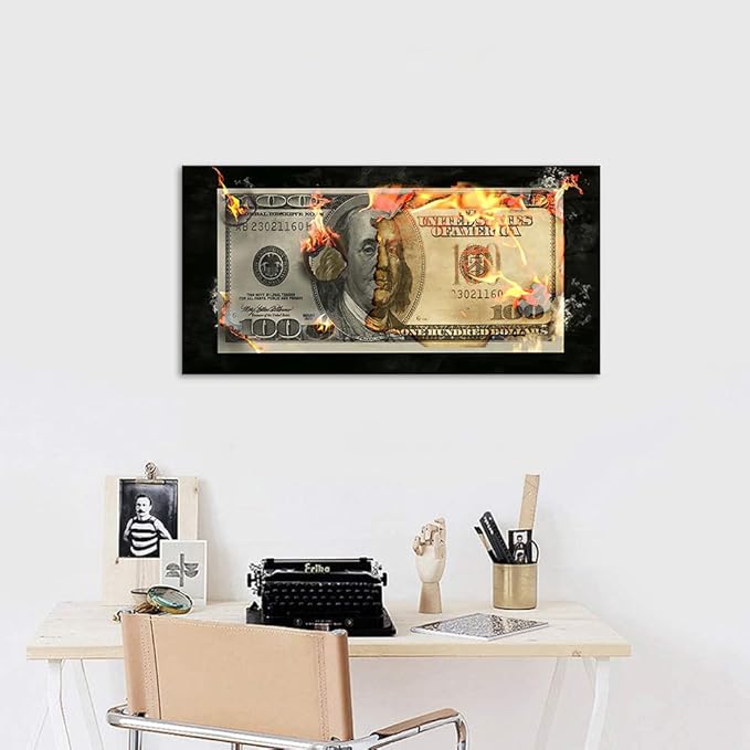 Work Pictures for Office Home Living Room Decor Burning Dollar Wall Paintings Artwork for Home Walls 100 Bill Money Giclee Canvas Art Print for Bedroom Rest Room Kitchen Framed Ready to Hang-32"Wx16"H
