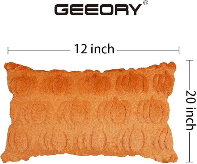GEEORY Fall Pumpkins Soft Plush Pillow Covers, 12 x 20 Inch Set of 2, Fluffy Faux Fur Wool Decorative Farmhouse Cushion Case for Sofa Home Decoration Orange GC018-12