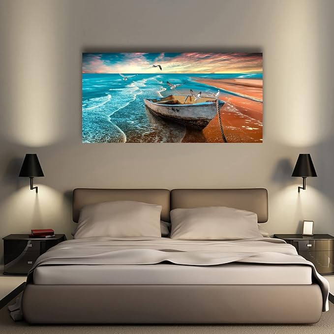 Beach Sunset Pictures Canvas Wall Art For Living Room Bedroom Wall Decor,Seascape Wall Art Print Paitnings For Home Decor,Morden Artwork Boat Canvas Art Waterproof Ready To Hang-20X40Inches