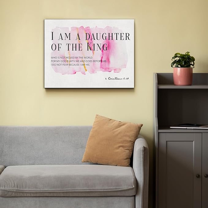 Daughter Gift From Dad Mom Bible Verses Canvas Wall Art I Am the Daughter of a King Prints Framed Watercolor Christian Paintings Artwork Ready to Hang Home Girl Nursery Decor 15x11.5 Inches
