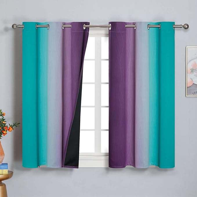 Estelar Textiler Ombre Teal and Purple Blackout Curtains 45 Inch Length 2 panels, Grommet Thermal Insulated Gradient Drapes for Kids Room, Full Light Blocking Blackout Curtains for Bedroom, 42x45 Inch